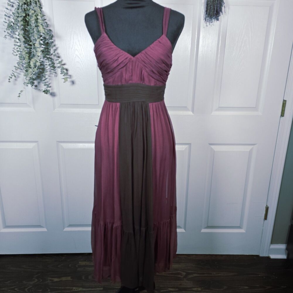 Y2K BCBG Maxazria Chiffon Tiered Midi Dress Fairy Whimsy Wine and Brown Sz 6